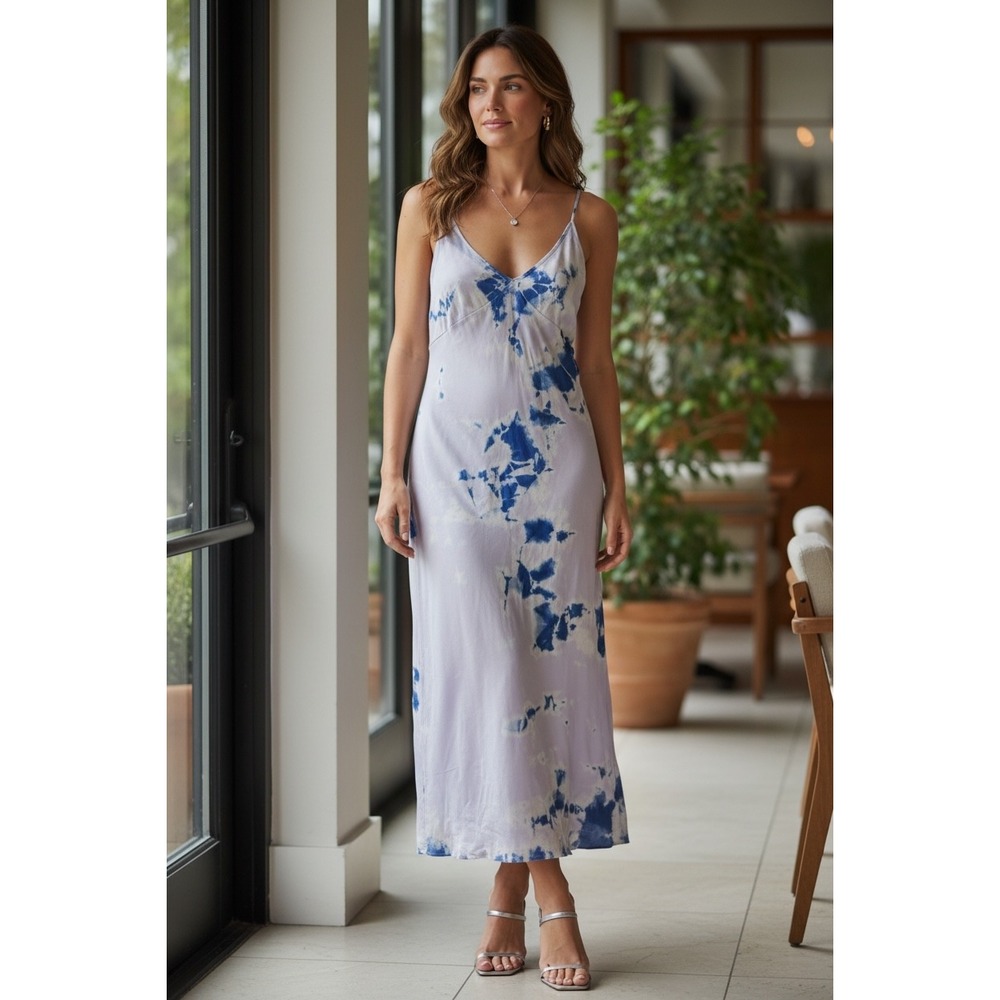 Raquel Allegra Purple Blue Tie Dye Mesh Trim V-Neck Midi Dress Medium